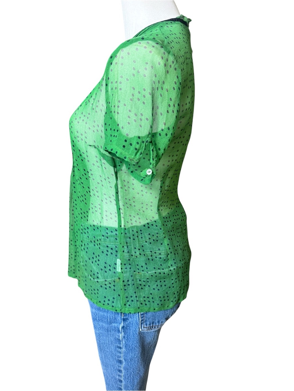 Anthropologie Green Sheer Pintuck Blouse with Black Ribbon - Picture 6 of 6